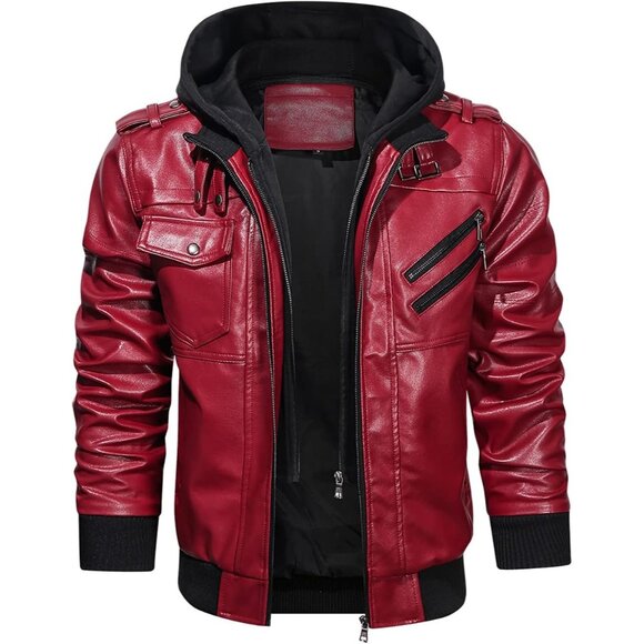 Mens Red HOOD CREW Faux Leather Motorcycle Bomber Jacket Removable Hood - Picture 4 of 5